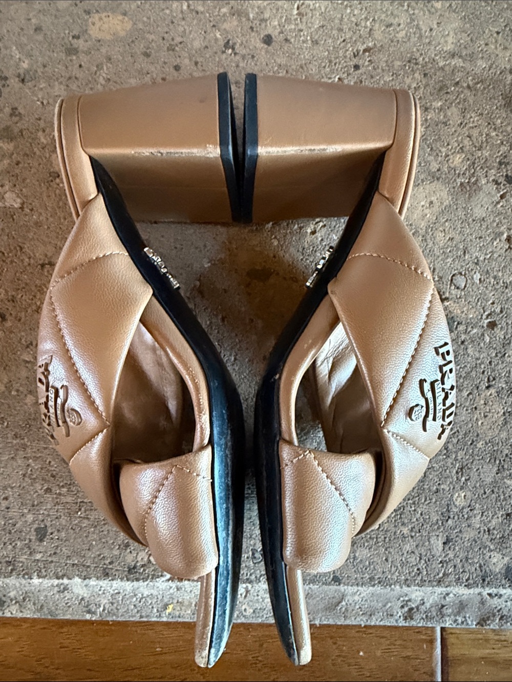 Auth. Prada Quilted Leather Crisscross Block Heel Mules - Picture 5 of 12